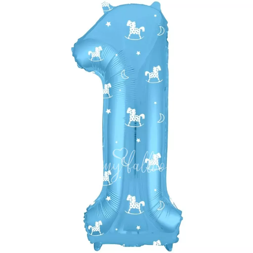 40" Helium foil gloss Light-blue Number 1 balloon with a horse pattern