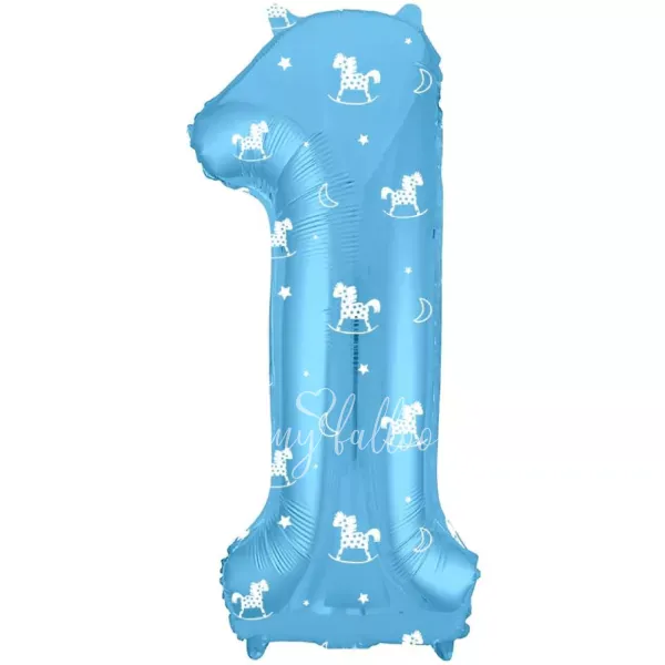 40" Helium foil gloss Light-blue Number 1 balloon with a horse pattern