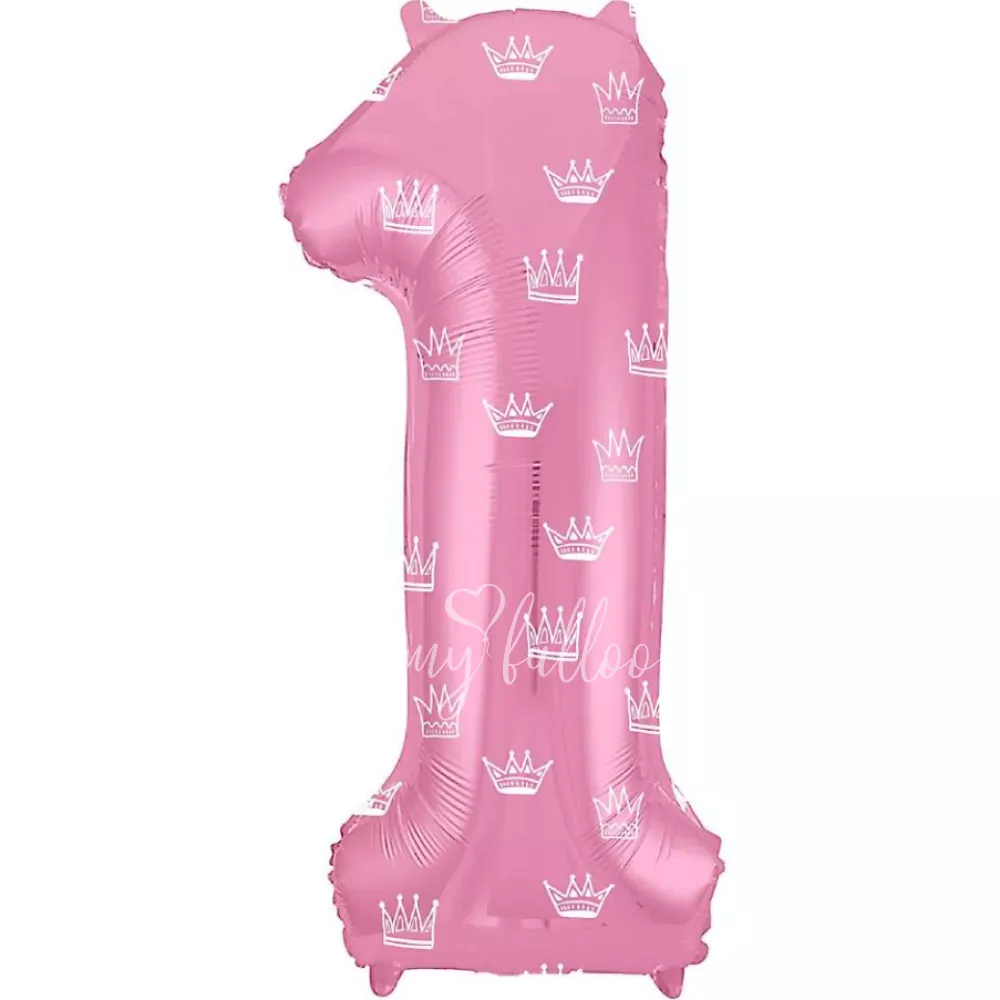 40" Helium foil gloss Pink Number 1 balloon with a crown pattern