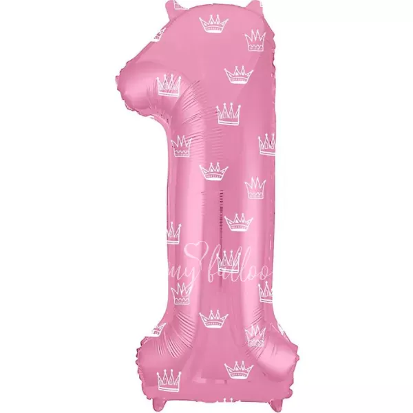 40" Helium foil gloss Pink Number 1 balloon with a crown pattern