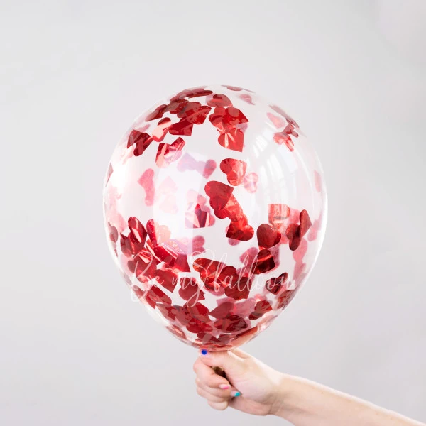 12" Шар латексный с конфетти красные сердца