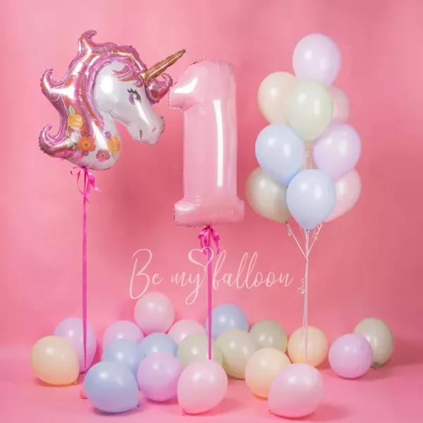 Unicorn with Number and Pastel Balloon Bouquet bundle